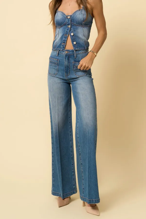 Women's High Rise Patch Pocket Wide Leg Comfort Stretch Denim Jeans