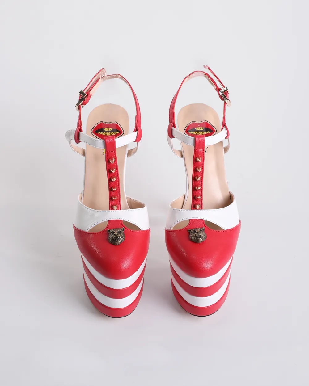 Vintage Stripe Rivet Strap Platform Heels in Red