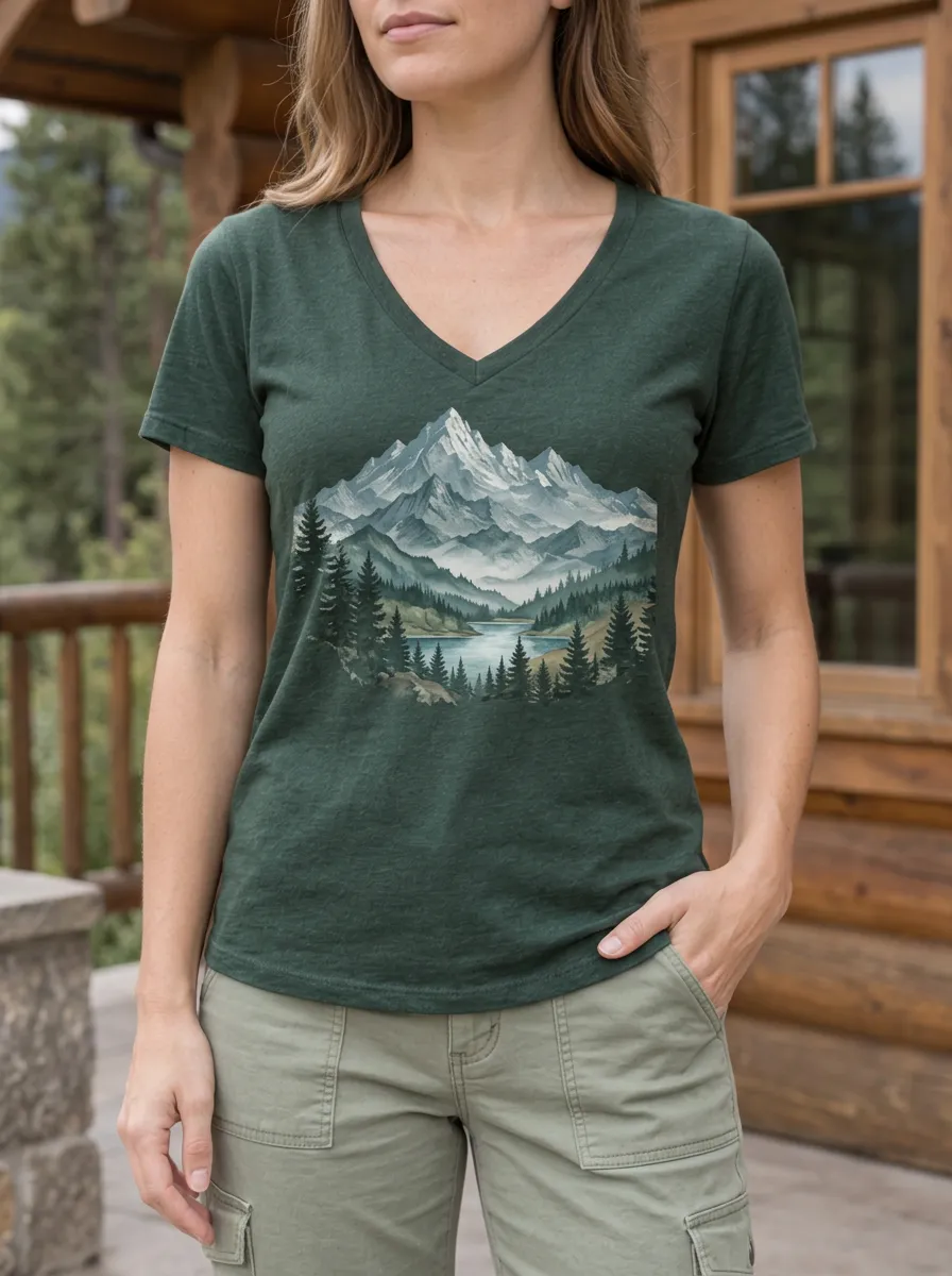 Women's Nature Lover Mountain Forest Lake Printed V-Neck T-Shirt