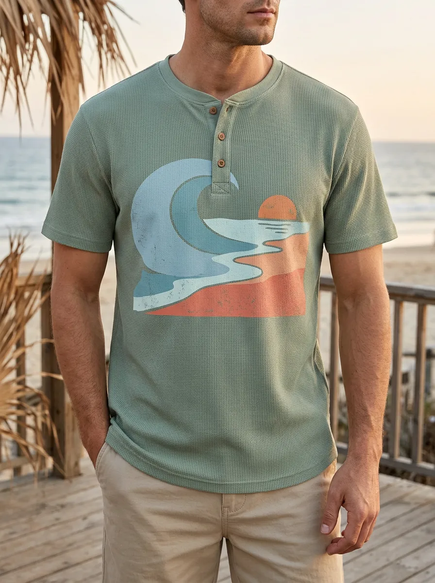 Men's Vintage Inspired Beach Lover Ocean Wave Sunset Henley T-Shirt
