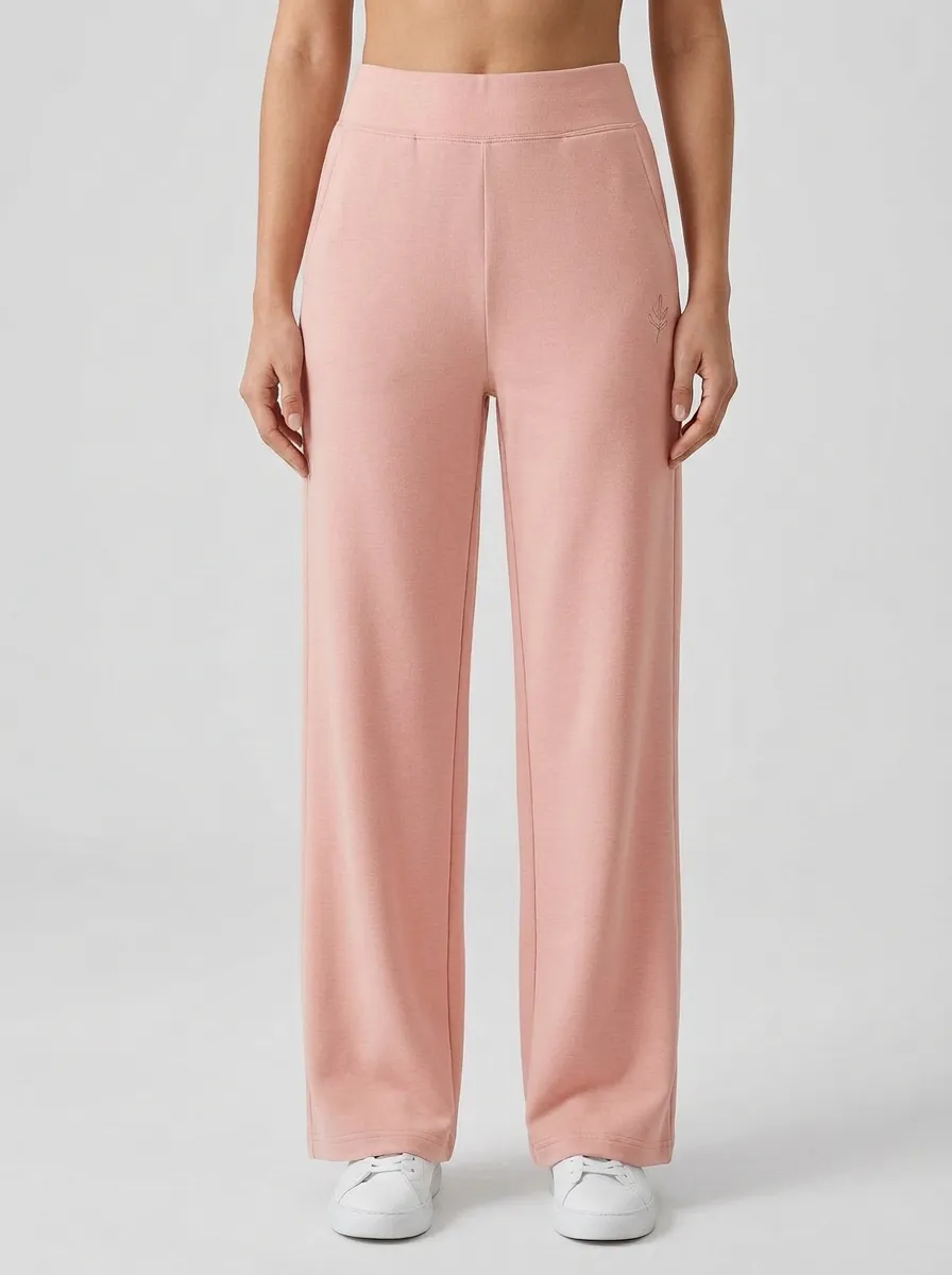 Women's Casual Minimalist Beige Leaf Embroidered Wide Leg Pants