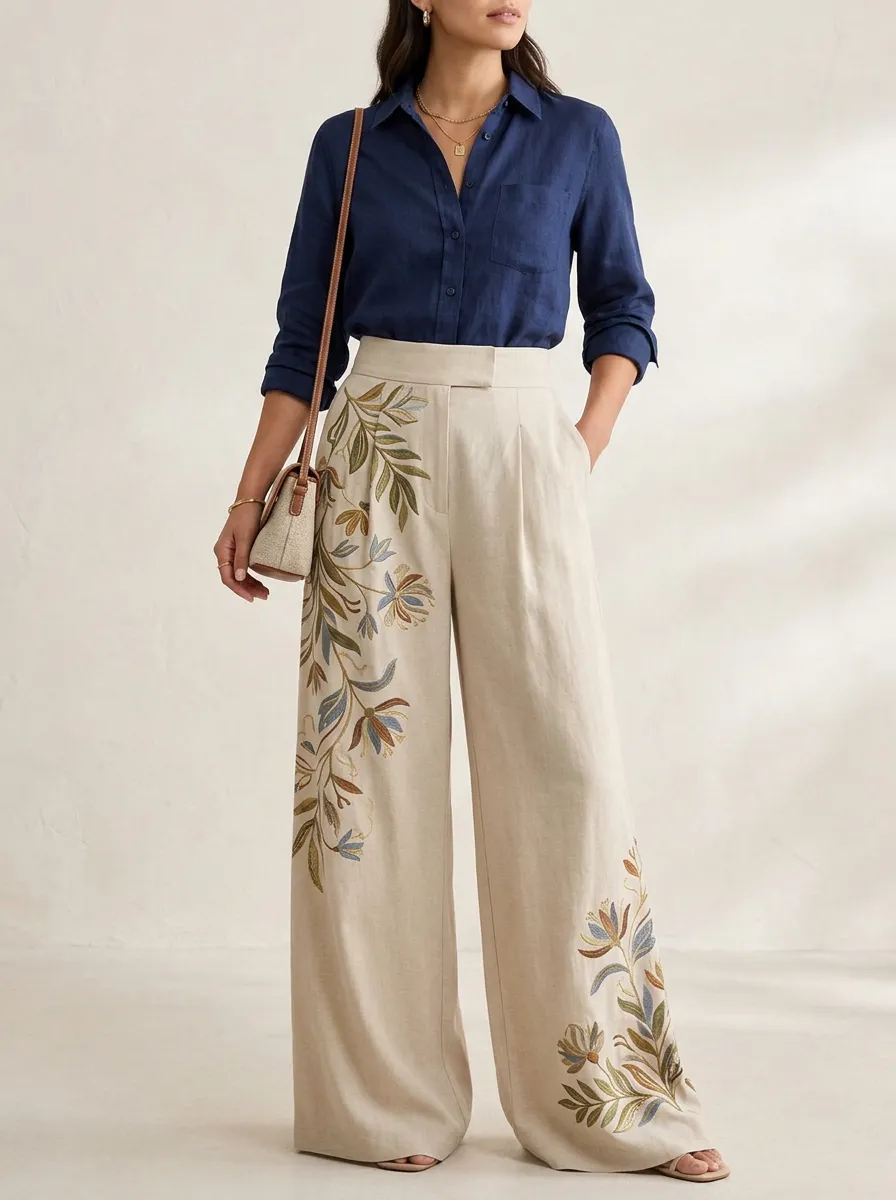 Women's Botanical Floral Embroidered Patterned High-Waisted Wide-Leg Pants