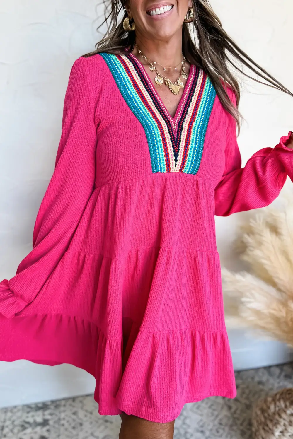 Colorful Crochet V Neck Textured Tiered Ruffled Long Sleeve Mini Dress