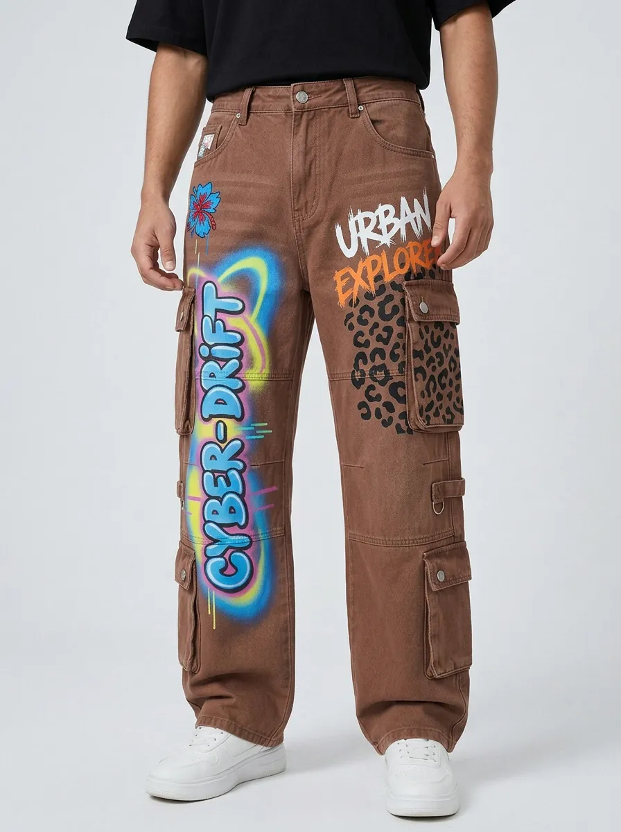 Men's Streetwear Cyber Drift Leopard Graphic Cargo Jeans