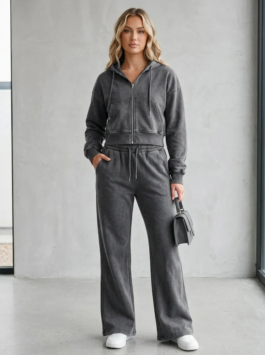 Women's Acid Wash Sport Inspired Cropped Hooded Jacket and Flare Pants Active Set