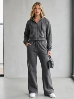 Women's Acid Wash Sport Inspired Cropped Hooded Jacket and Flare Pants Active Set