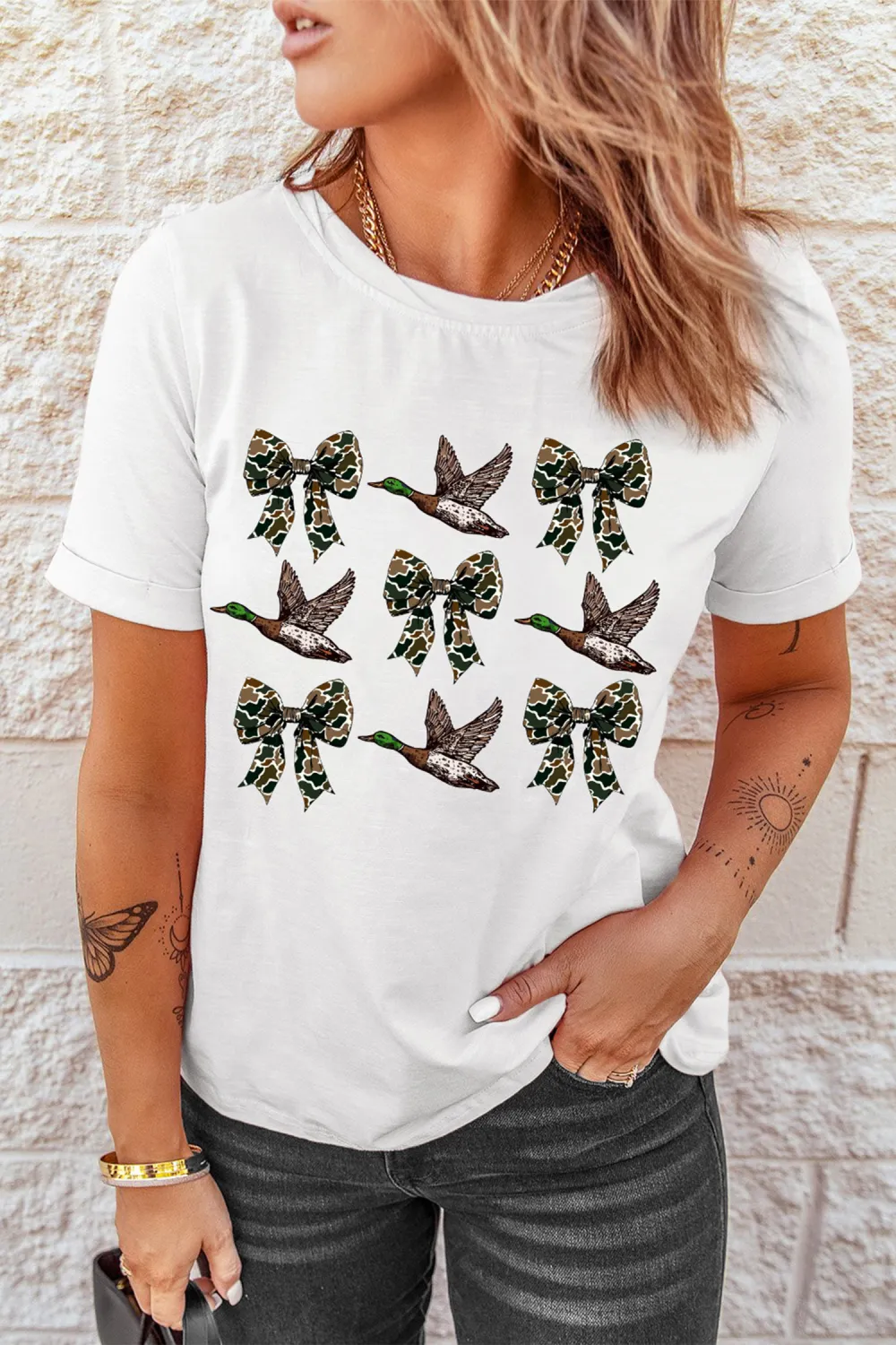 White Camo Bow Flying Mallard Tee