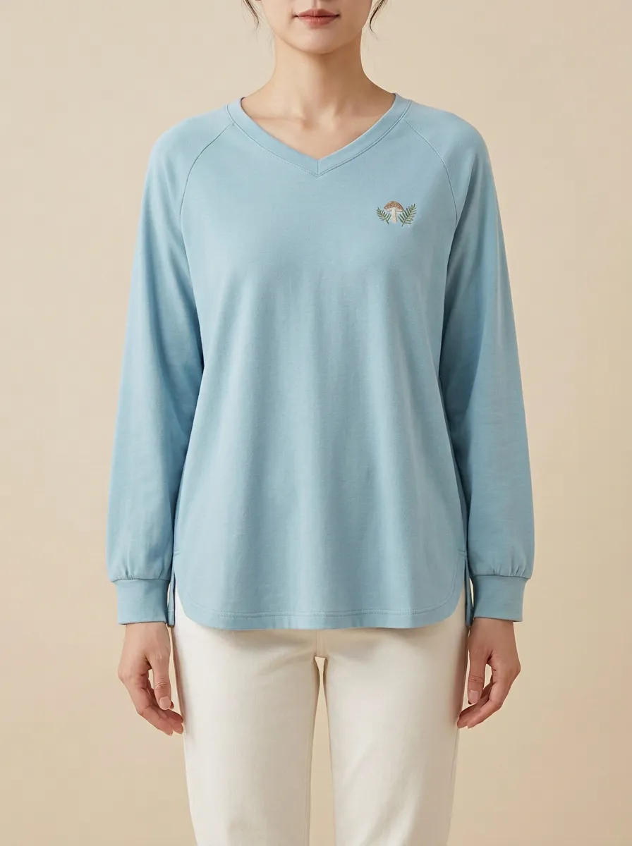 Women's Mushroom Embroidered V-Neck Pullover