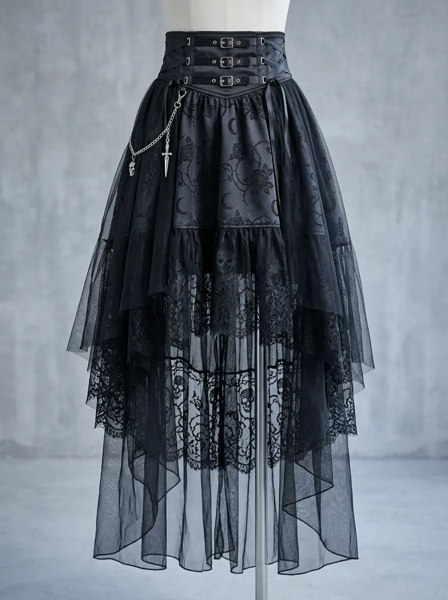 Noir Skull Rose Moon Edit Women's Gothic High-Low Skirt