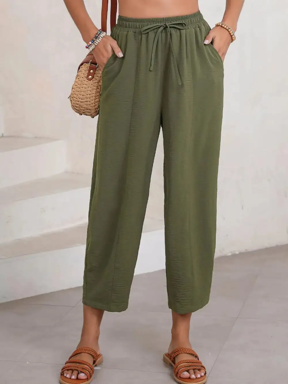 Plus Size Drawstring Wide-Leg Cropped Pants