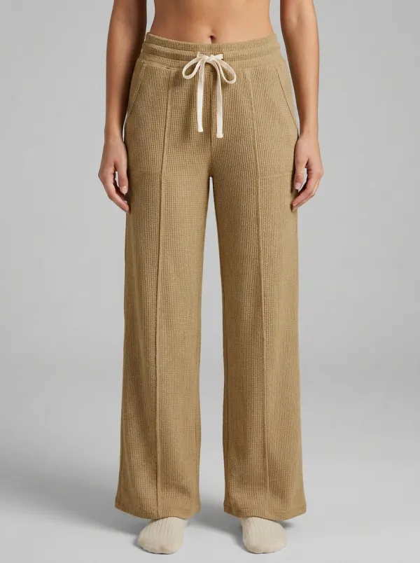 Women's Beige Waffle Knit Drawstring Wide Leg Lounge Pants