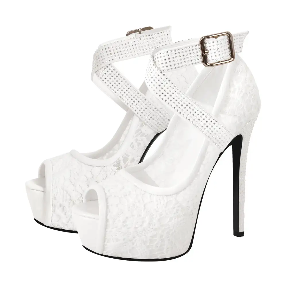 Mesh Detail Peep Toe Platform Stiletto Cross Strap Pumps