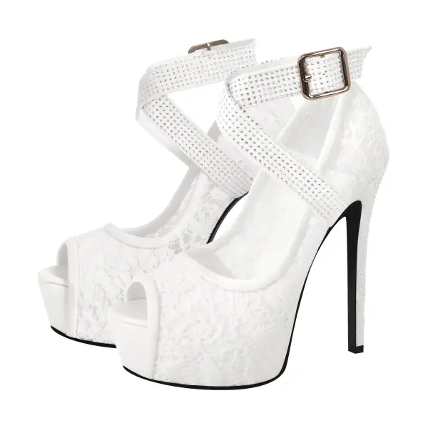Mesh Detail Peep Toe Platform Stiletto Cross Strap Pumps