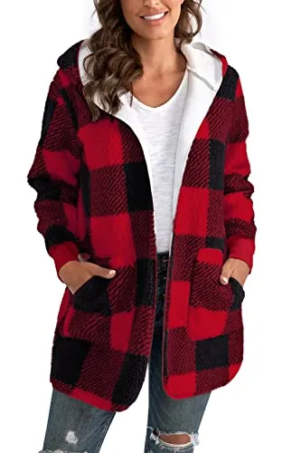 Womens Fuzzy Fleece Open Front Hooded Cardigan Jackets Sherpa Coat with Pockets
