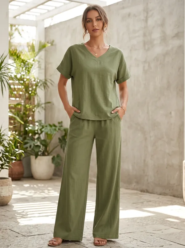 Relaxed Minimalist Women's V-Neck Casual Lounge Set