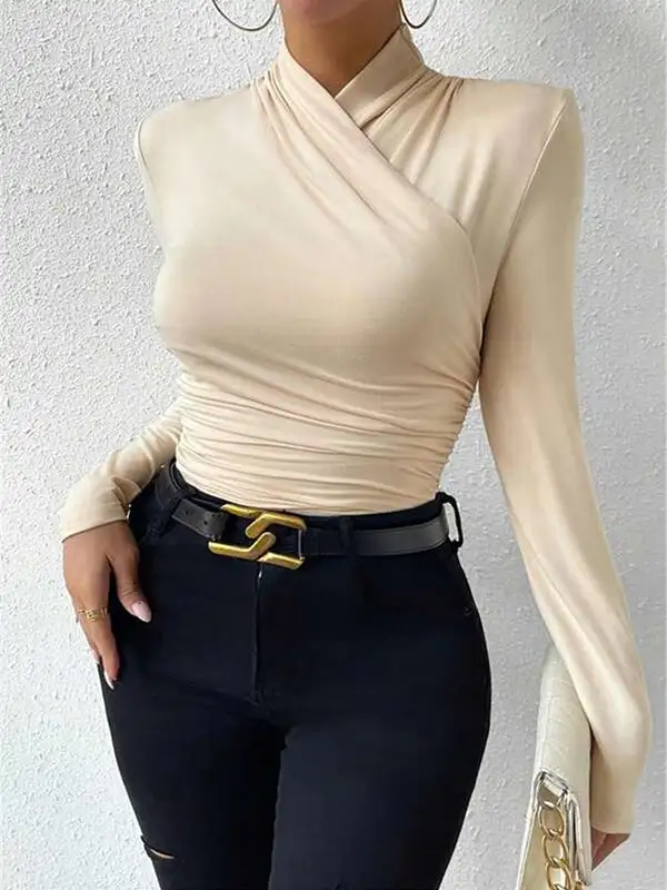 Long Sleeve Slim Fit Pleat Detail Mock Neck T-Shirt
