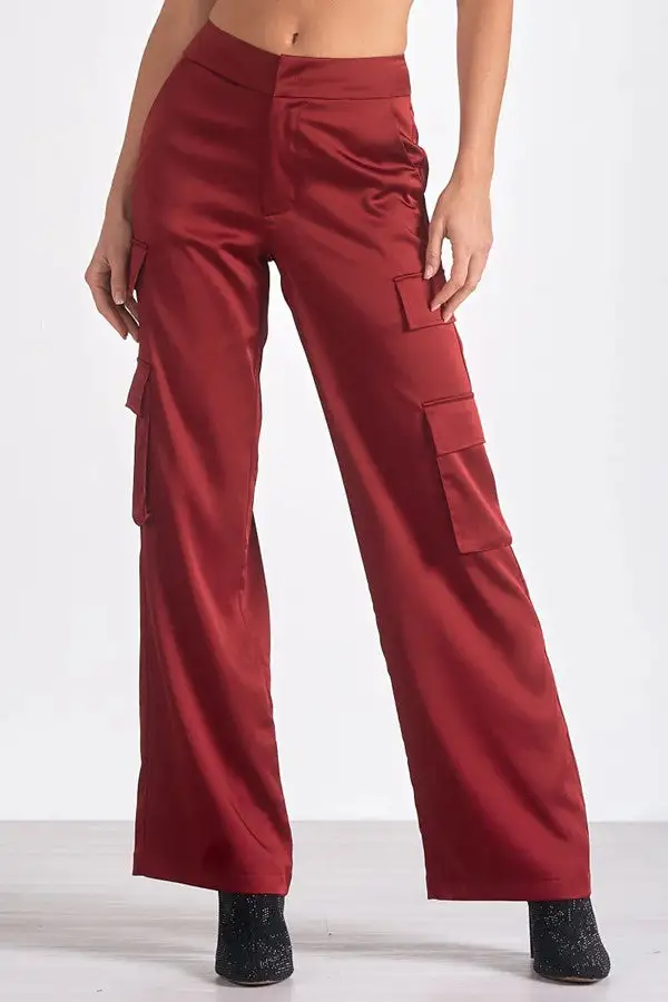 Burgundy Red High-Rise Cargo Flare Pants