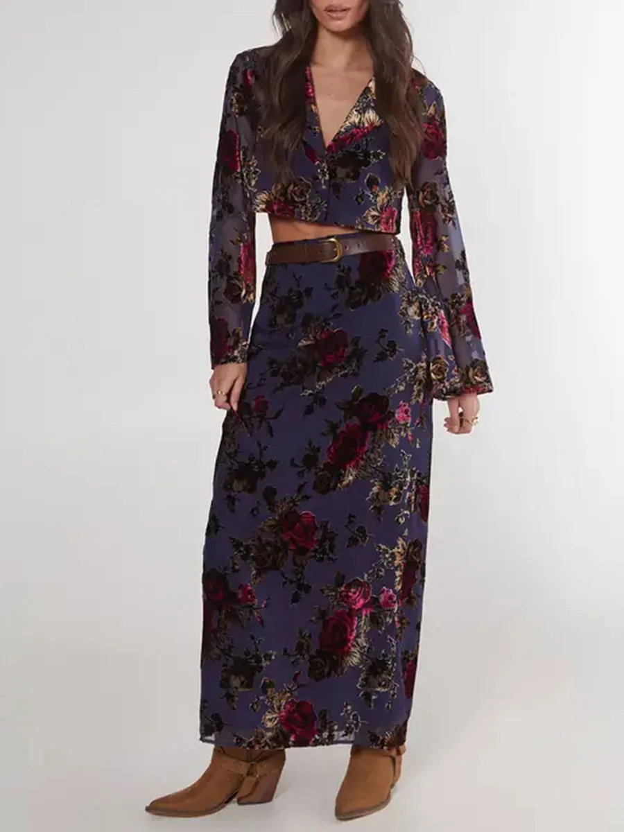 Women's Retro Velvet-Effect Floral Maxi Skirt