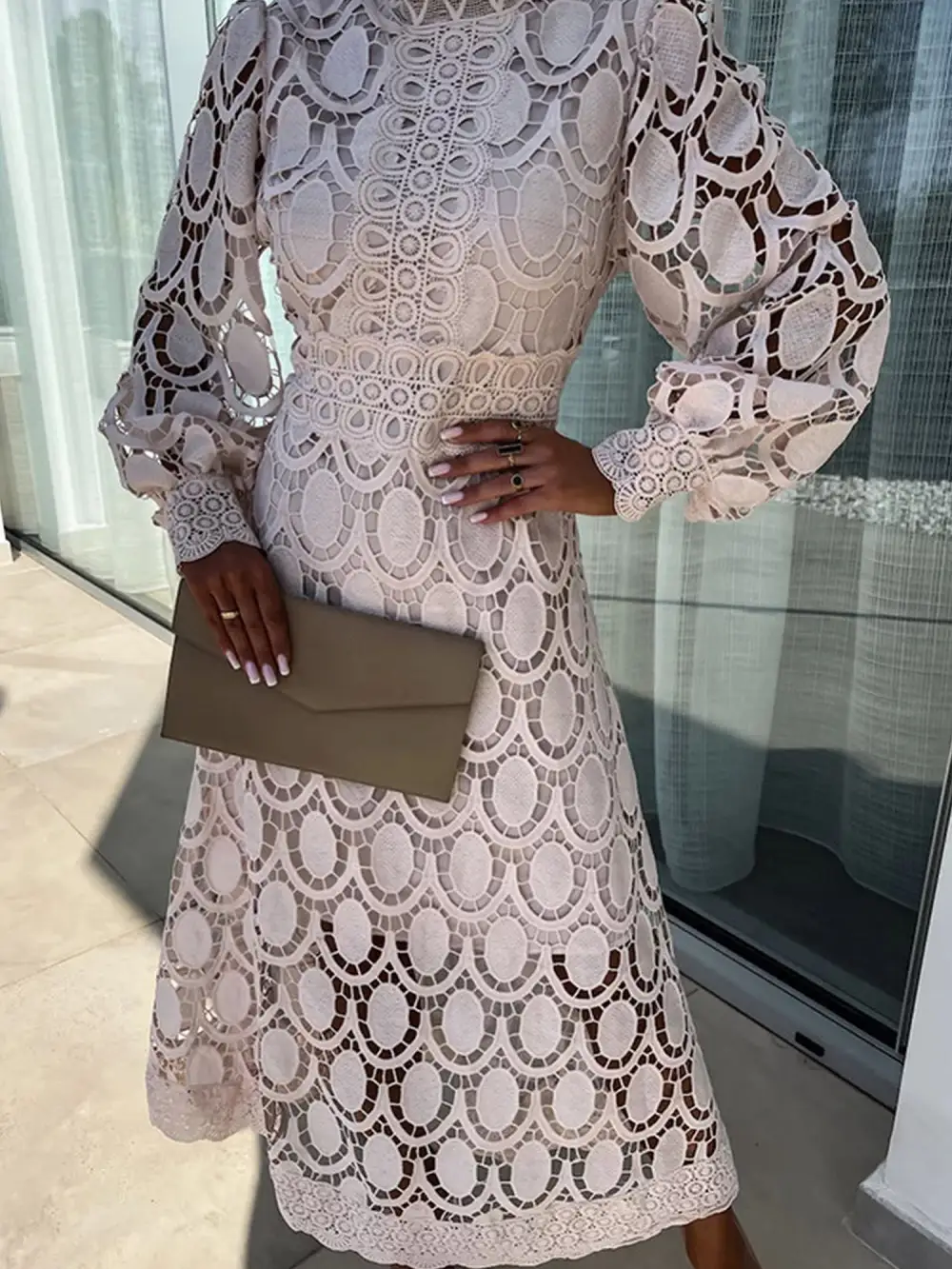 Boho Eyelet Mock-Neck Long-Sleeve Evening Maxi Dress