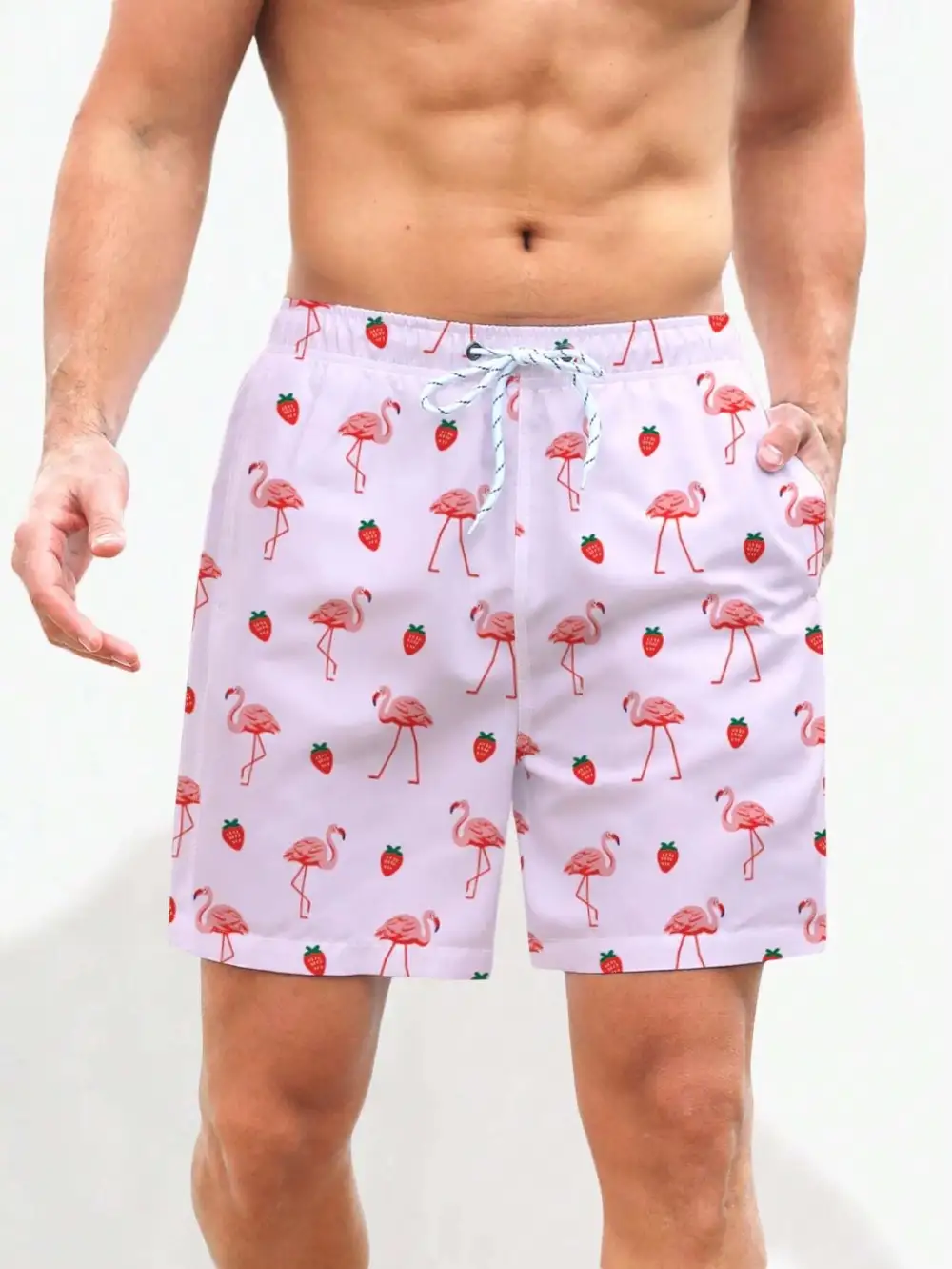 Men's Boho Flamingo Drawstring Allover Print Beach Shorts