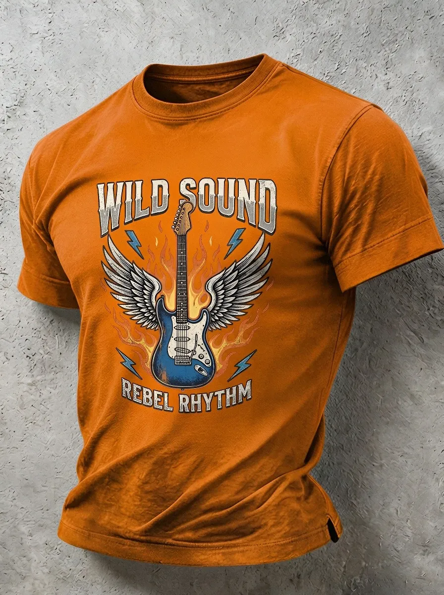 Men's Rock Music Lover Winged Electric Guitar Fire Printed T-shirt