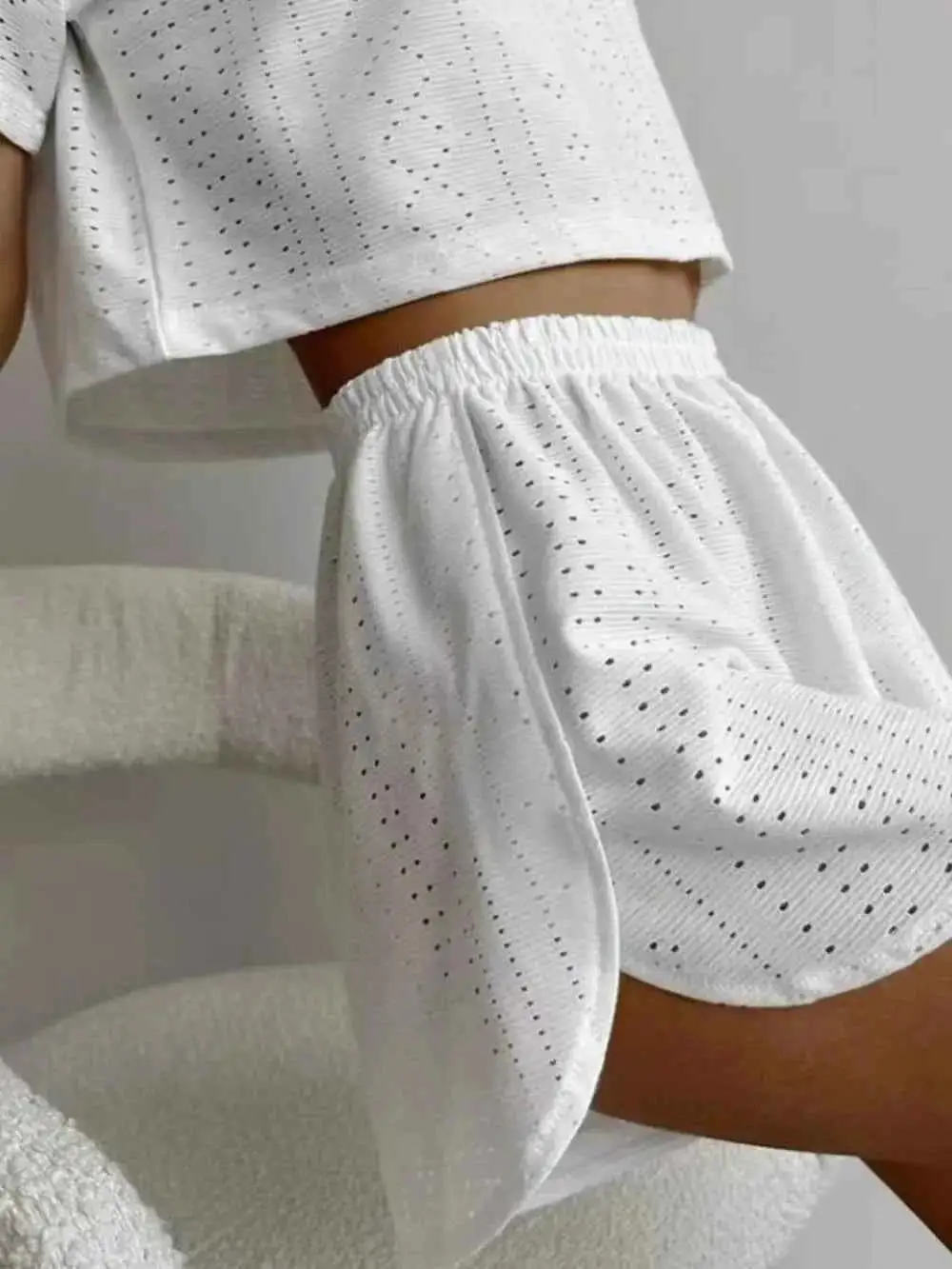 Pull On Eyelet Round Neck Top and Shorts Set