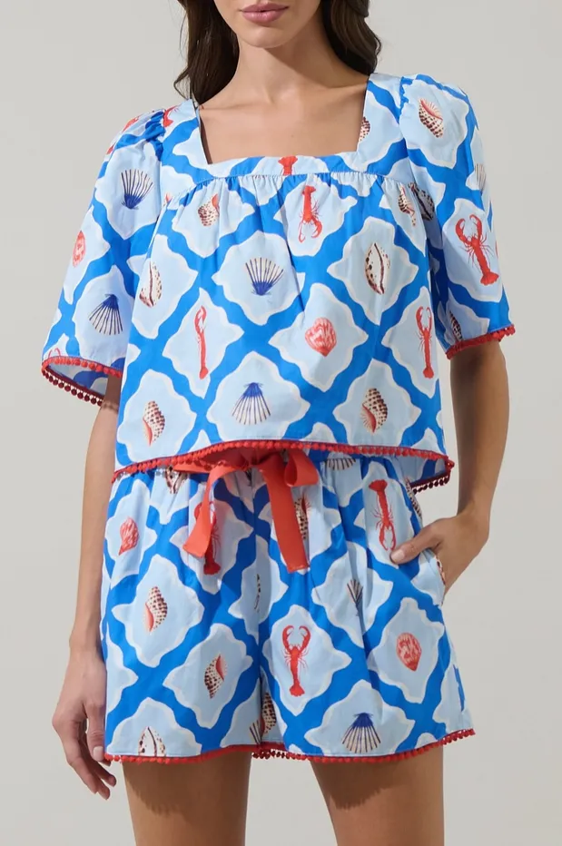 Lobster Bay Blue Print Bell Sleeve Blouse