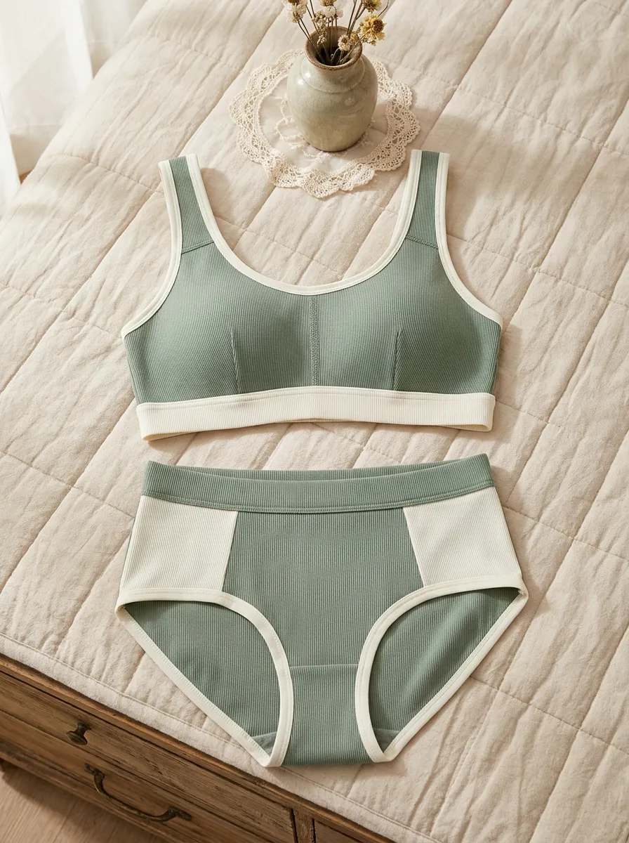 Women's Ribbed Colorblock And Ribbed Elastic Underband Lingerie Set