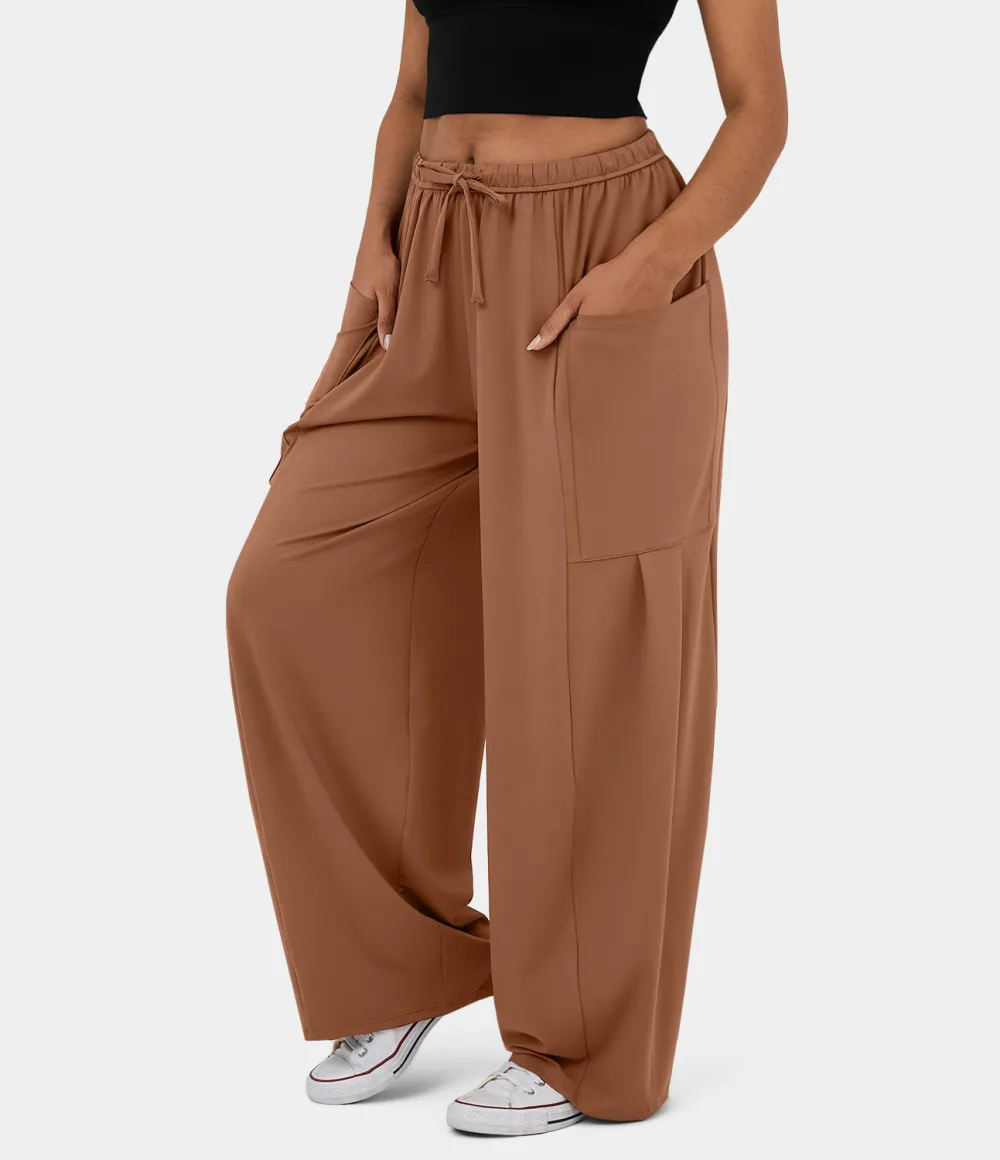 Mid Rise Elastic Waistband Drawstring Side Pocket Palazzo Flowy Wide Leg Casual Pants