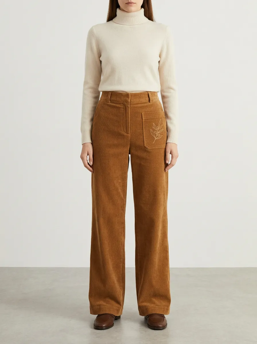 Women's Botanical Nature Lover Olive Branch Printed Corduroy Pants