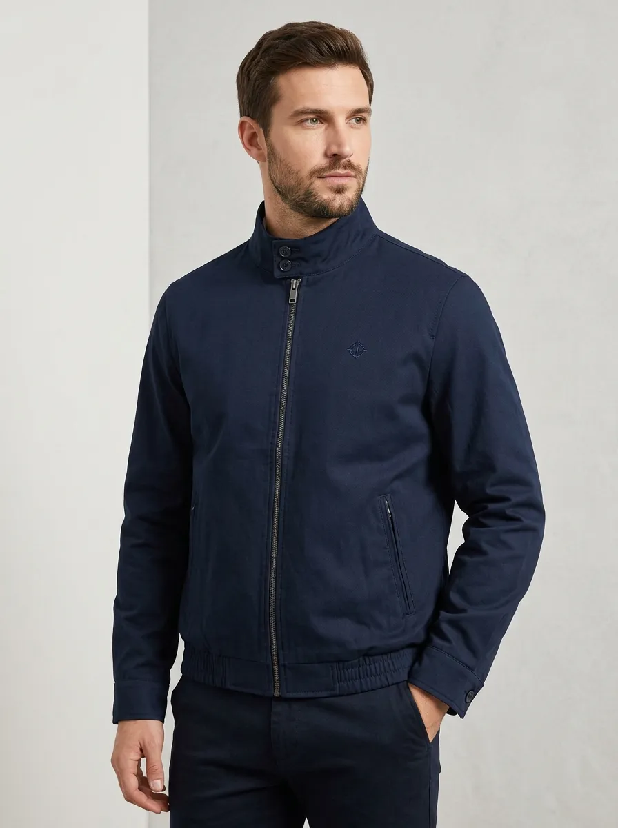 Men's Navy Casual Minimalist Embroidered Zip-up Jacket