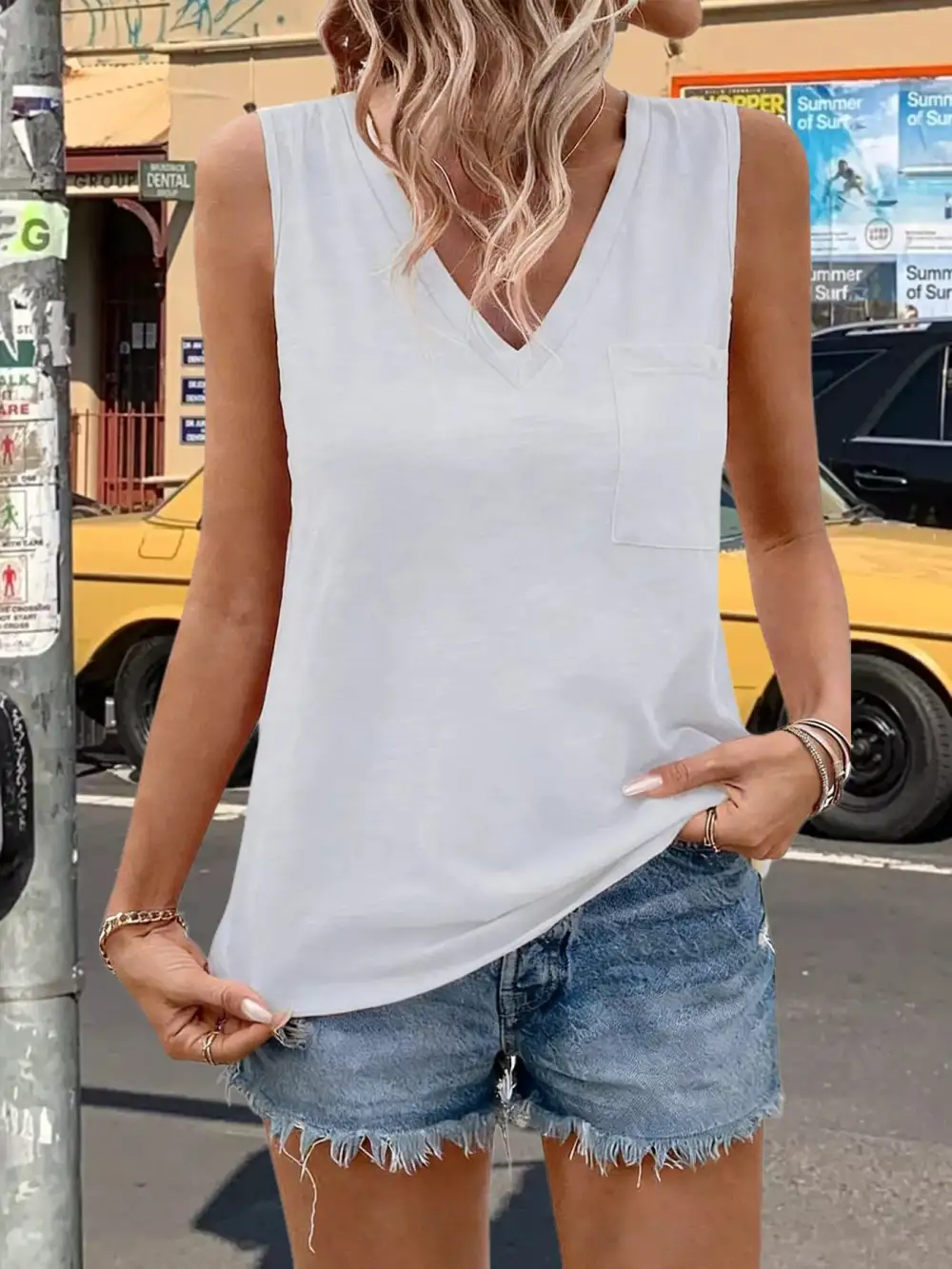 Casual V Neck Pocket Tank