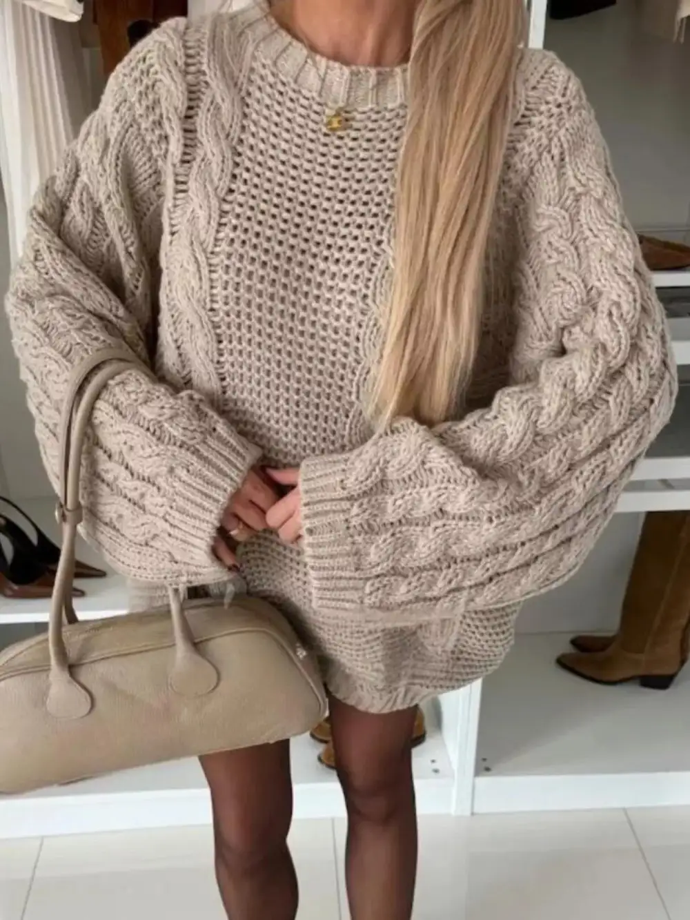 Cable Knit Round Neck Oversized Sweater
