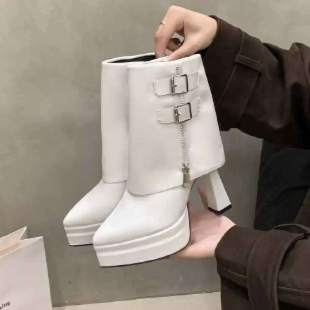 Buttoned Weekend Point Toe Block Heels Boots