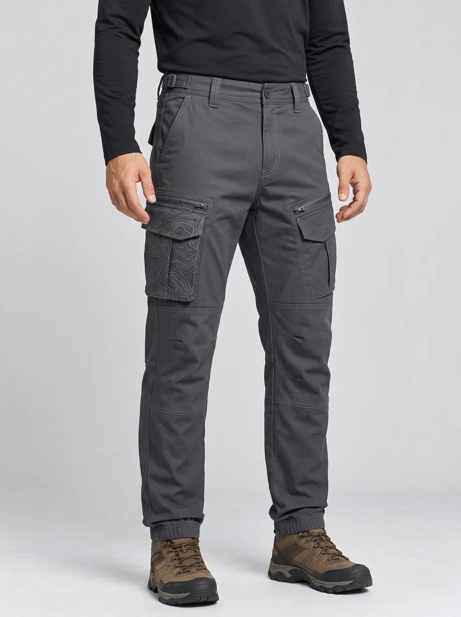 Men's Charcoal Grey Topographic Reinforced Knee Elastic Cuff Tactical Cargo Pants