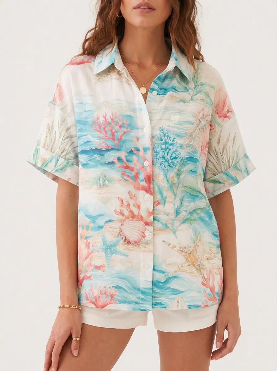 Women's Beach Vacation Coral Reef Starfish Printed Button-up Shirt