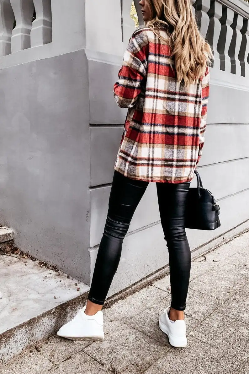 Casual Lapel  Button Plaid Pocket Coat