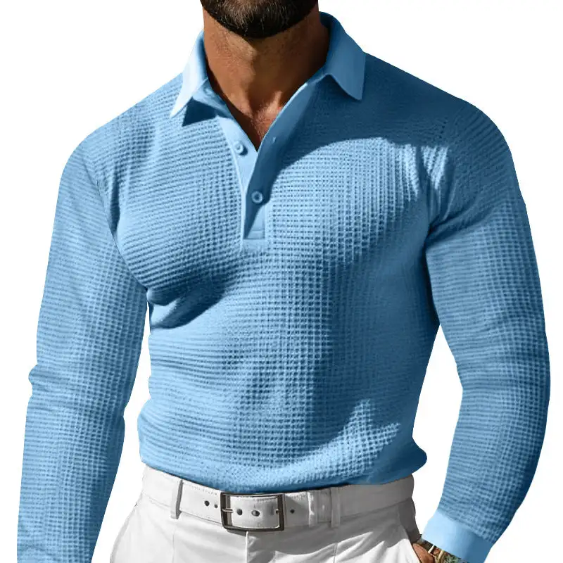 Waffle Texture Elastic Hem Long Sleeve Polo Shirt