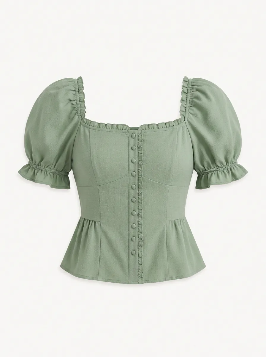 Women's Sage Green Square Neck Ruffle Puff Sleeve Button Up Top