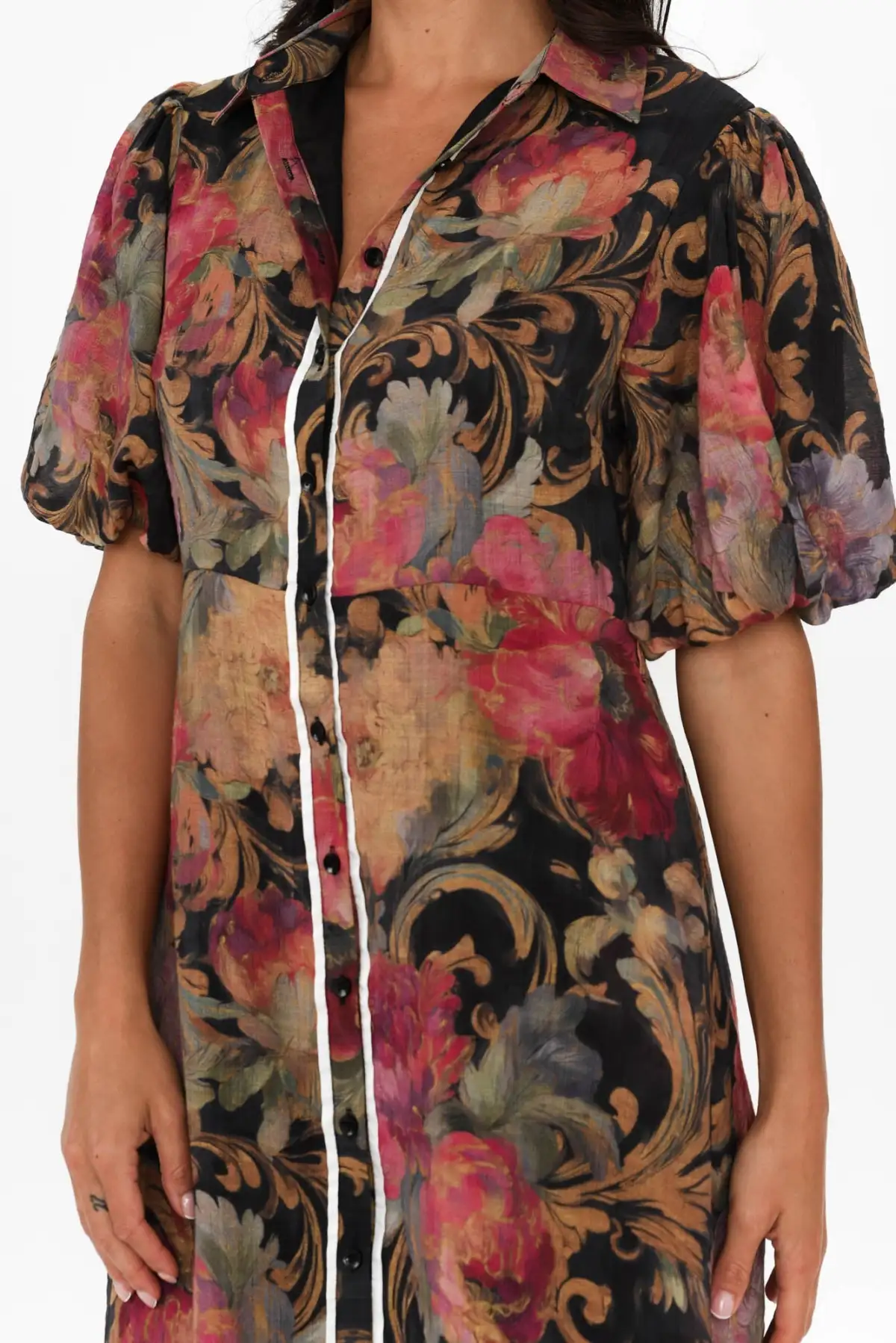 Below-Knee Floral Cotton Pocket Collared Half-Sleeve A-Line Dress