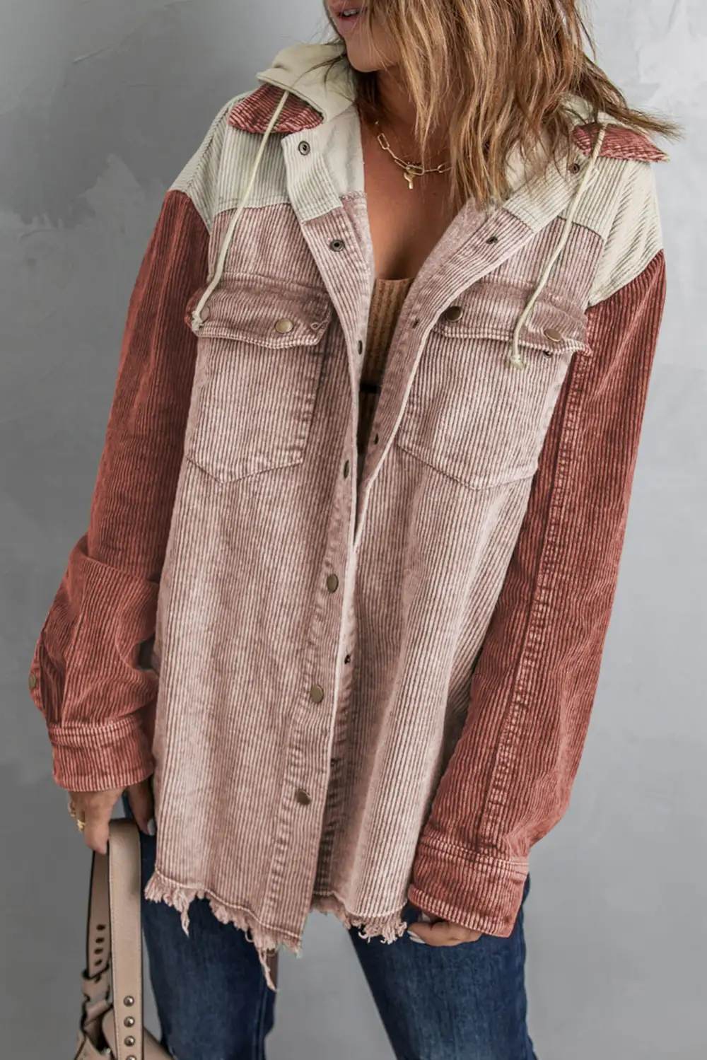 Corduroy Button Front Hooded Jacket