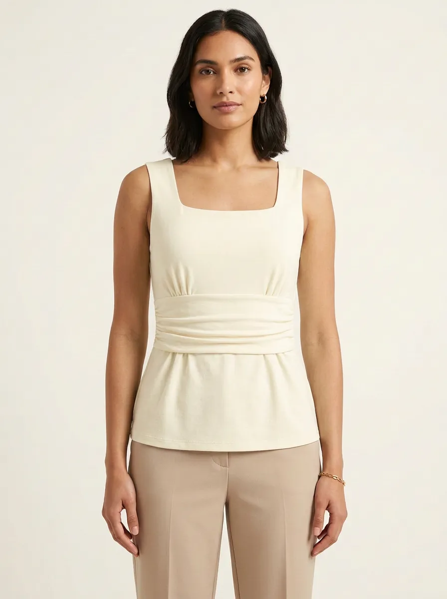 Soft-Profile Square-Neck Waist-Ruched Ruched Tank Top