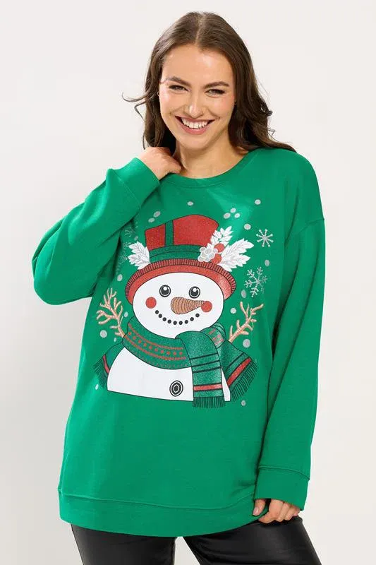 Green Glitter Snowman Christmas Novelty Sweatshirt