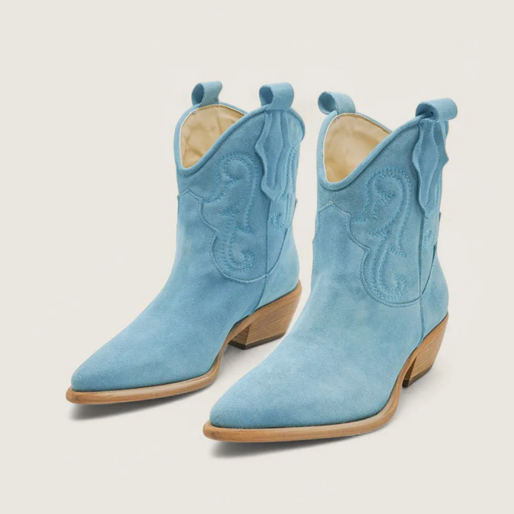 Faux-Suede Embroidered Pointed-Toe Chunky-Heel Western Boots