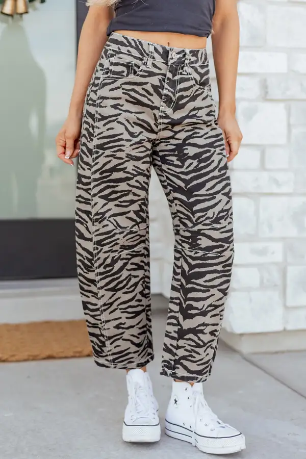 Women's Zebra Stripe Printed Wide Leg Barrel Jeans