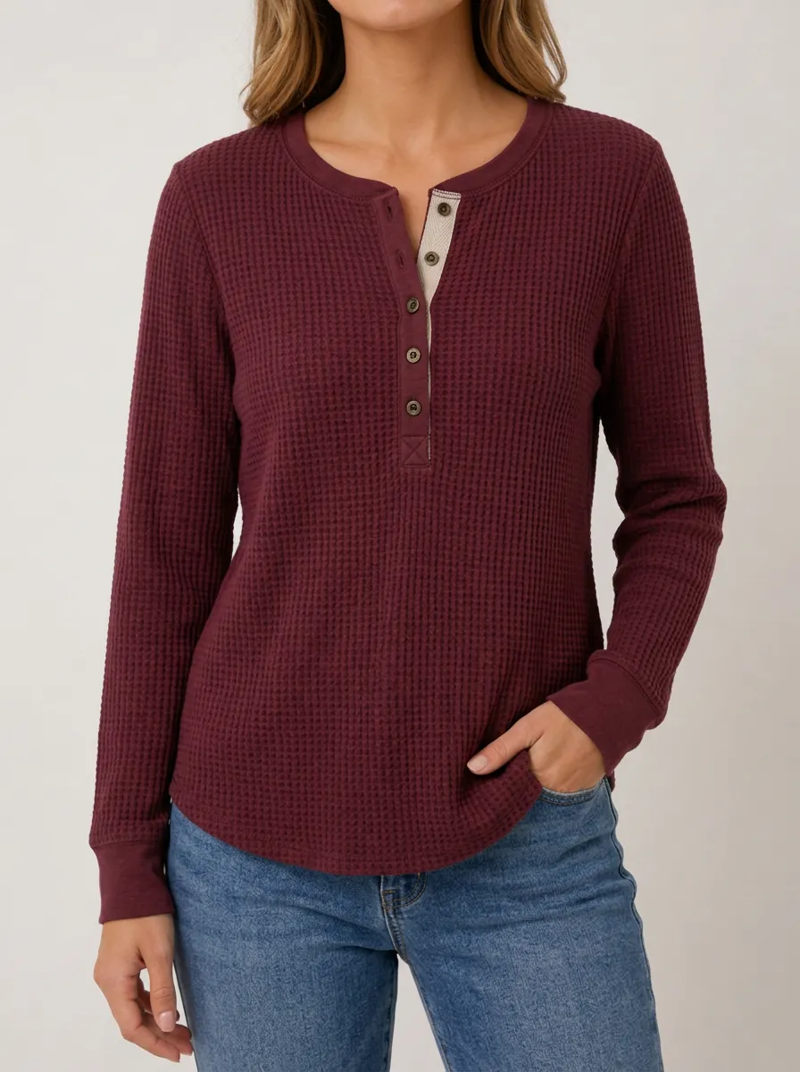 Relaxed Everyday Waffle Knit Button Down Henley Top