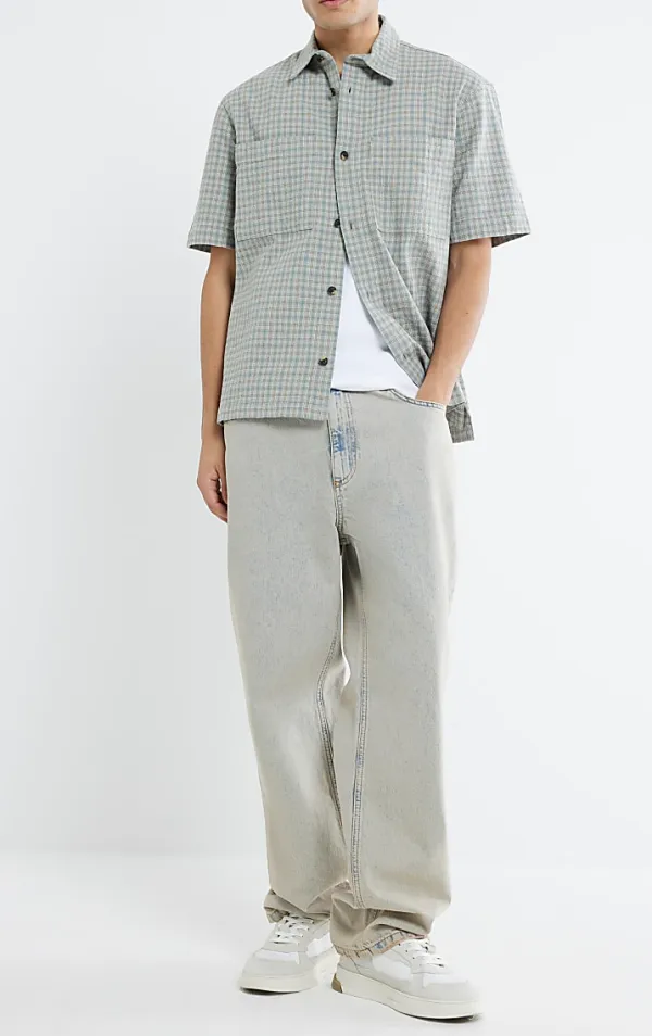 Men's Blue Regular Fit Check Short Sleeve Shirt