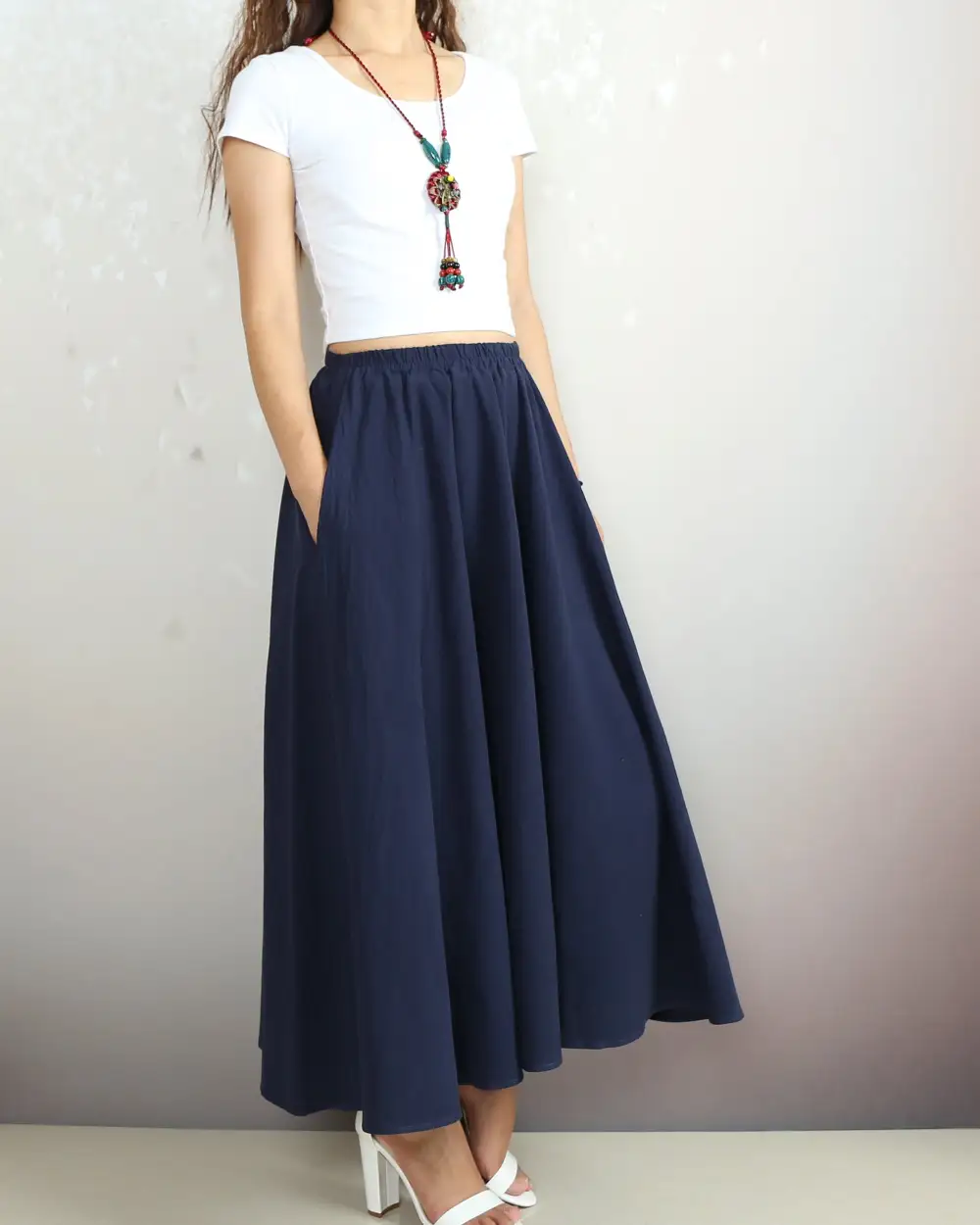 Boho Linen Flared Midi Skirt