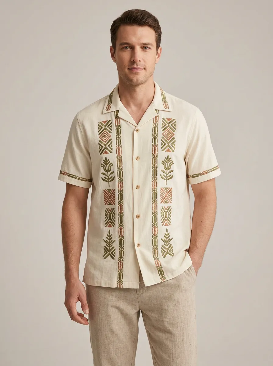 Men's Boho Inspired Floral Geometric Embroidered Shirt