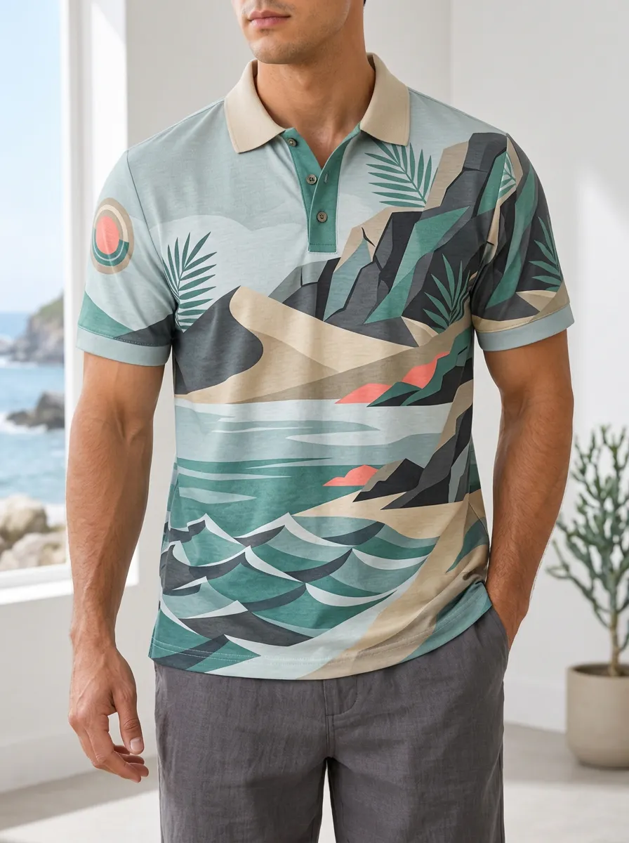 Men's Tropical Beach Landscape Abstract Printed Polo Shirt
